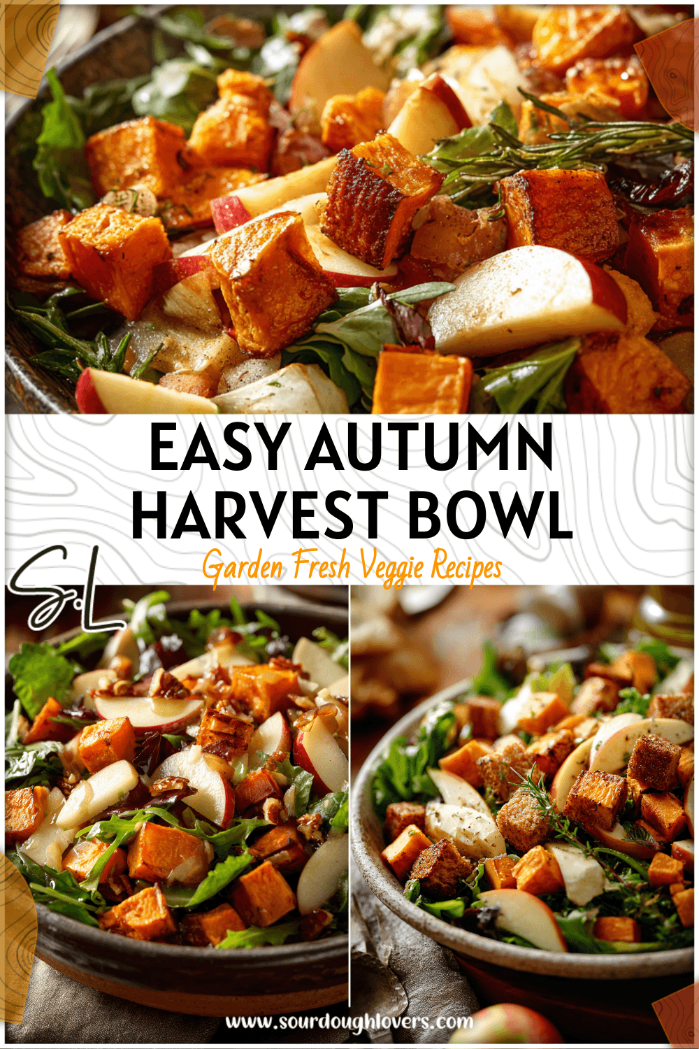 Rustic bowl of Autumn Harvest Salad featuring roasted sweet potatoes, apples, and mixed greens on a fall table.